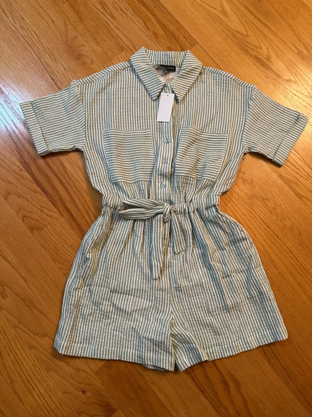 Striped Button-Up Romper in Sage and White